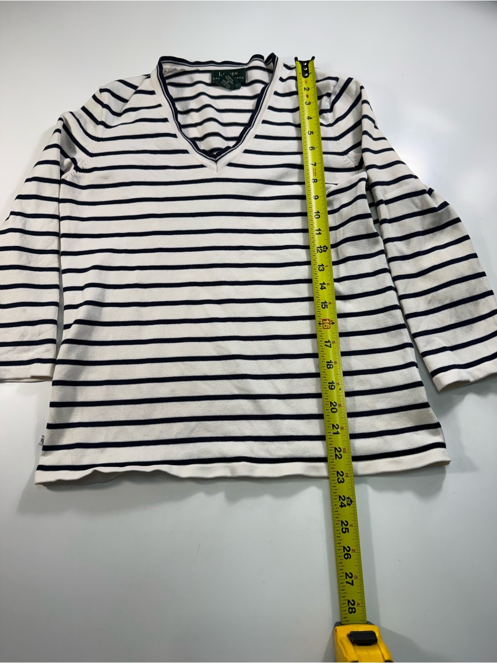 Lauren Ralph Lauren White Sweater with Navy Stripes V-Neck - Picture 3 of 9